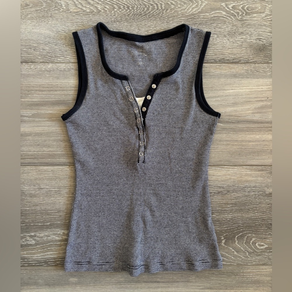 Black White Striped Henley Ribbed Tank Top 100% Cotton Petite Small